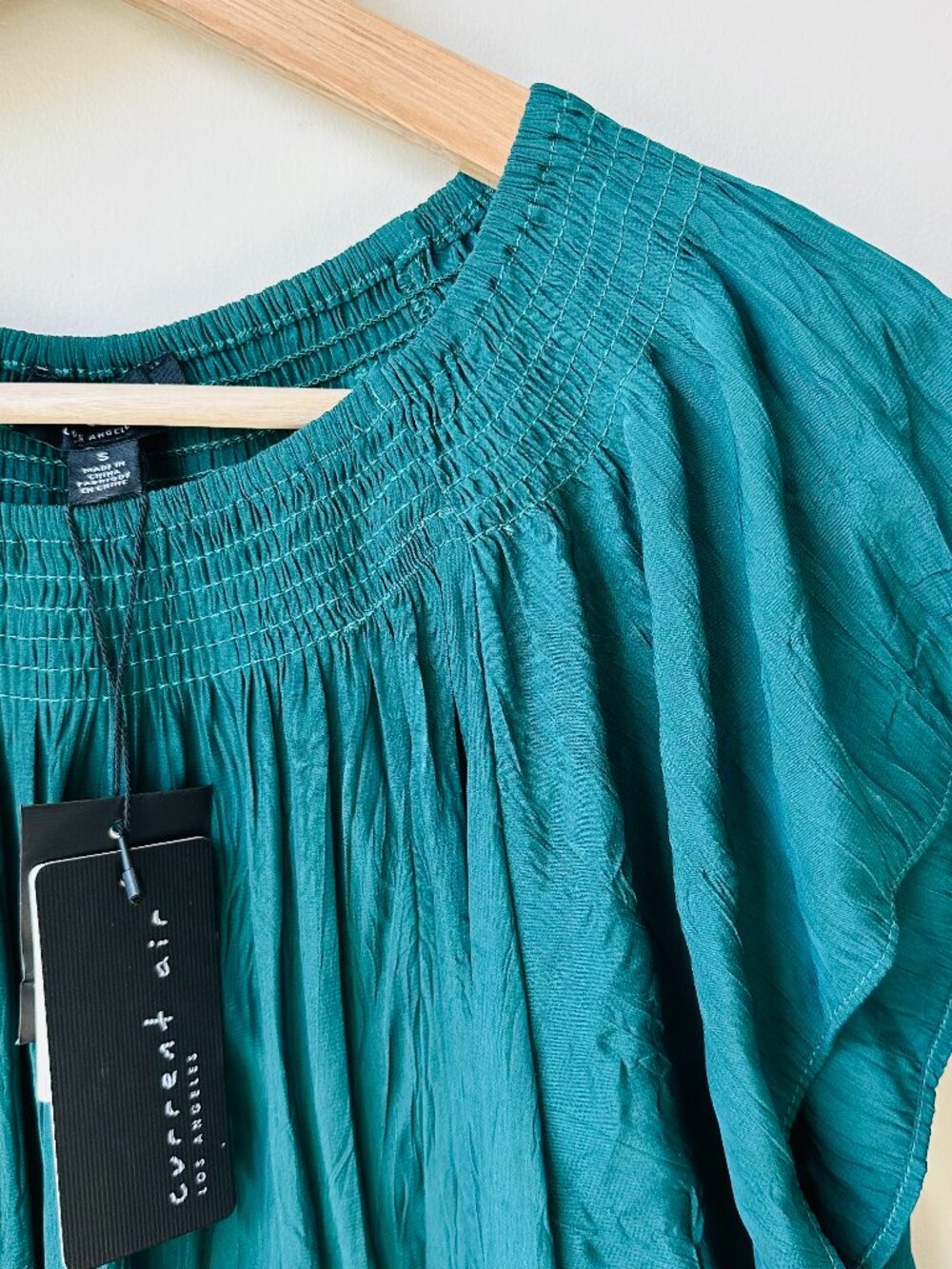 NWT Current Air Smocked Flutter Sleeve Satin Blouse in Teal Size Small